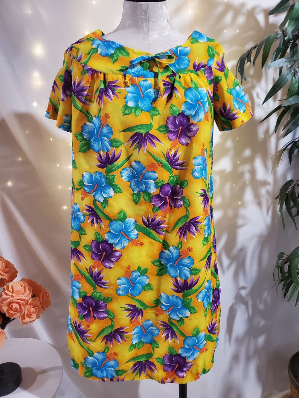 Vtg 60s 70s Pomare Hawaiian Floral Hibiscus Dress Mini Mumu Luau Tiki Aloha Rare